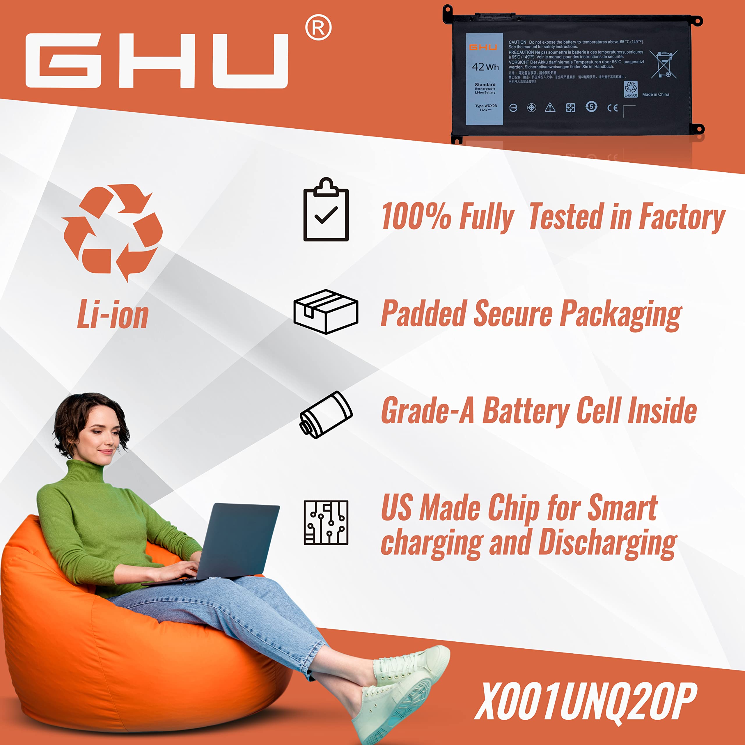GHU New Battery Replacement for WDX0R WDXOR 42 WH 11.4V Compatible with Dell Inspiron 13 5368 5378 15 5565 5567 5568 5578 17 5765 5767 7368 7378 7560 7570 7579 7569 P58F 3CRH3 T2JX4 FC92N CYMGM - Image 7
