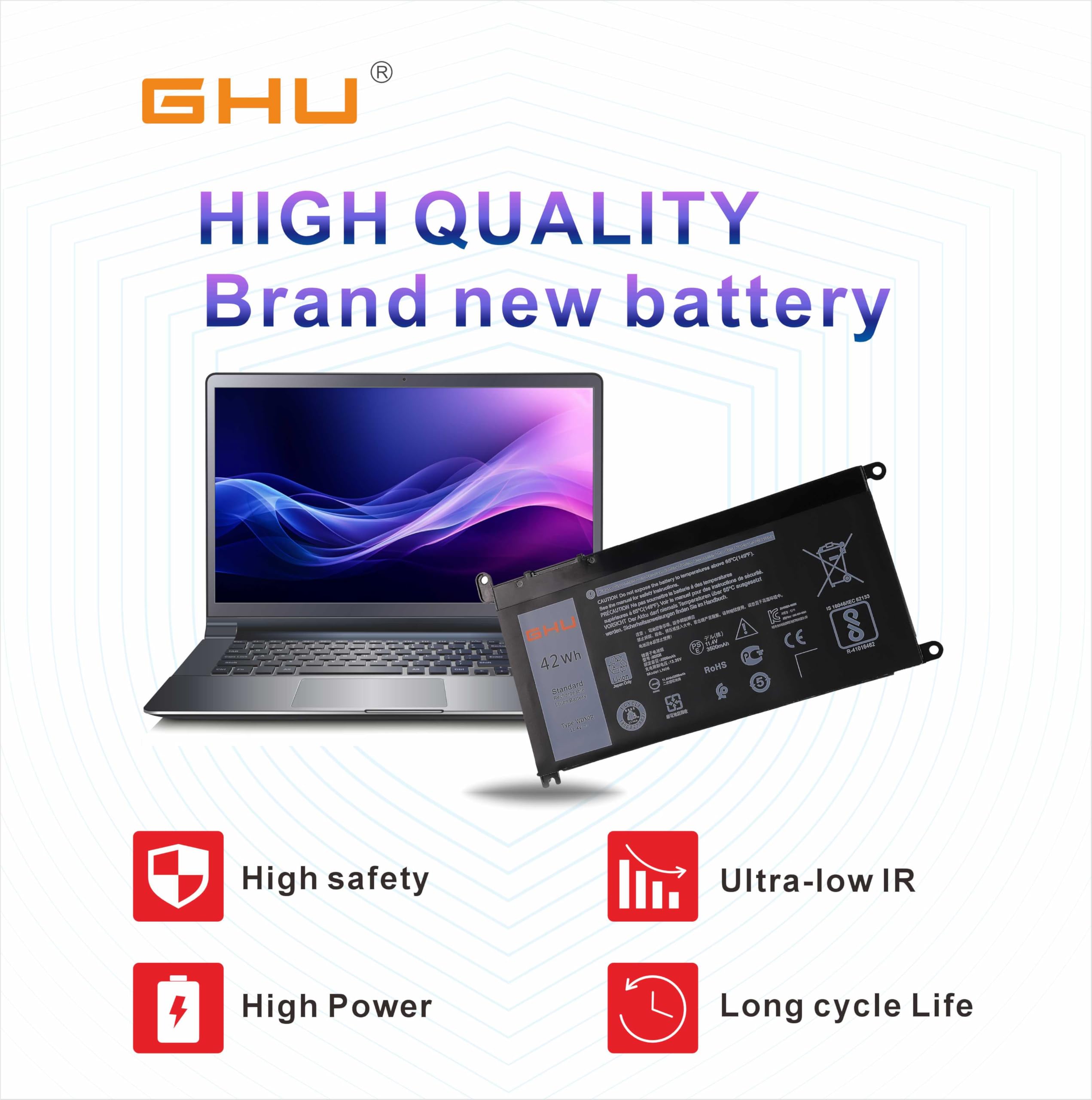 GHU New Battery Replacement for WDX0R WDXOR 42 WH 11.4V Compatible with Dell Inspiron 13 5368 5378 15 5565 5567 5568 5578 17 5765 5767 7368 7378 7560 7570 7579 7569 P58F 3CRH3 T2JX4 FC92N CYMGM - Image 8